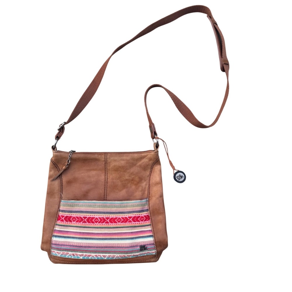 The Sak Brown Leather Crossbody Bag Southwestern Woven Textile Panel Boho Bag